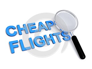 Cheap flights with magnifying glass on white