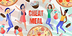 Cheat Meal Abstract Flat Banner with Happy People