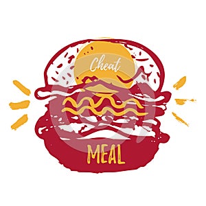 Cheat Meal with hand drawn Burger label, badge. Emblem for fast food restaurant, cafe. Isolated on white background