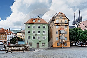 Cheb, Czech Republic - August 20, 2021. Town Eger in Western Bohemia.Market place with colorful Gothic houses and Spalicek house