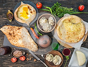 Chebureki, khinkali, khachapuri and tatar cuisine, topview