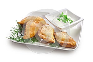 Chebureks on a white plate isolated on a white background