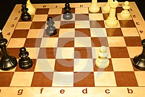 Chechered board with white chessmen as a sport backdrop