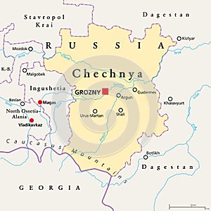 Chechnya, the Chechen Republic, political map, with capital Grozny