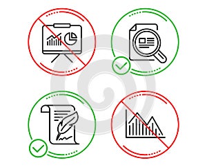 Check article, Feather and Presentation icons set. Investment graph sign. Vector