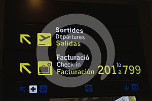 Barcelona Airport, Spain - DEC 12 2019: airport check-in and departures sign, close-up