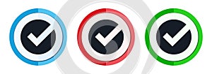 Check box icon flat round button set, blue red and green color vector