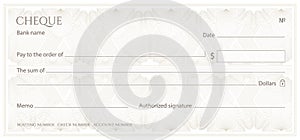 Check, Cheque Chequebook template. Guilloche pattern with abstract floral watermark, border
