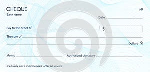 Check, Cheque Chequebook template. Guilloche pattern with blue bow watermark photo