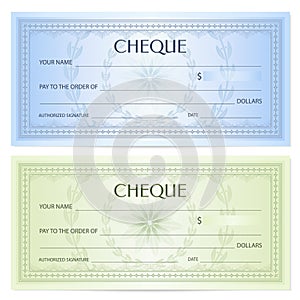 Check cheque, Chequebook template. Guilloche pattern with watermark, spirograph