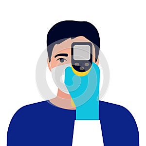 Check control body temperature. Hand with gloves holding distant thermometer. Man with protective respiratory mask on