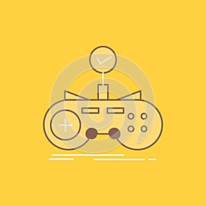 Check, controller, game, gamepad, gaming Flat Line Filled Icon. Beautiful Logo button over yellow background for UI and UX,