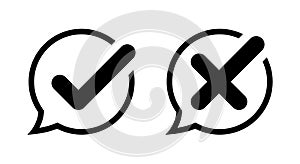 Check and cross icon vector in speech bubble line. Approve and reject sign symbol