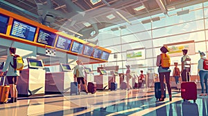 A check-in desk at an airport terminal with a line of passengers with luggage waiting in line for departure. Modern flat