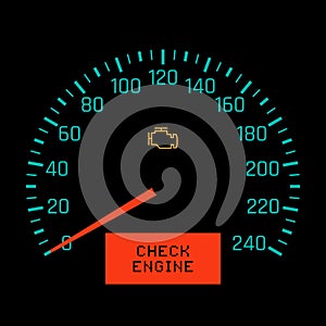 Check engine light on speedometer display. Vector illustration