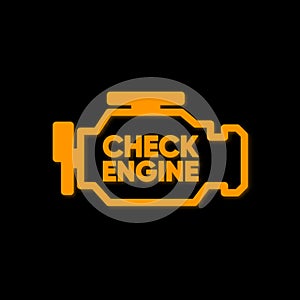 Check Engine. Yellow burning engine error sign on car dashboard. Vector illustration.