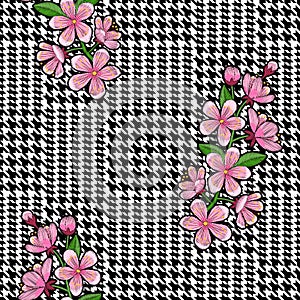 Check Fashion Seamless Pattern with Embroidery Cherry