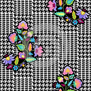 Check Fashion Seamless Pattern with Embroidery Flowers