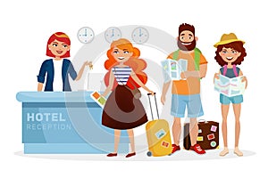 Check-in hotel reception desk modern illustration with cartoon people, tourists. Smiling woman Receptionist meets guests