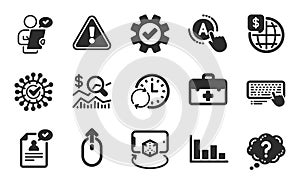 Check investment, World money and Question mark icons set. Resume document, Service and First aid signs. Vector