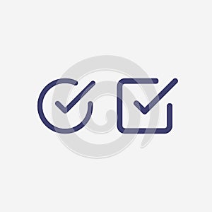 Check list button icon. Check mark in square and round box. Correct symbol. Stock Vector illustration isolated on white