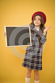 Check list concept. Place for information. Sale and discount. Child promo information board. Girl hold blank blackboard