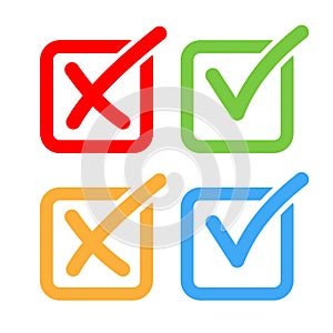 Check list icon box. Checkmark cross and right, red green yellow blue vector shape signs. Wrong and correct approved mark vote