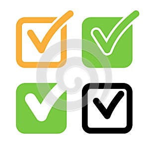 Check list icon box. Checkmark right vector shape sign. Correct mark vote symbol. Red green blue orange colors