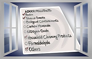 Check list of indoor air pollutants seen through an open window - concept image