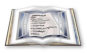 Check list of indoor air pollutants seen through an open window - 3D render concept image of an opened photo book isolated on