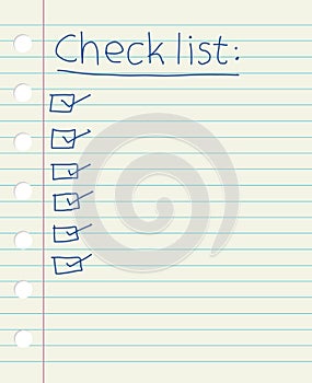Check list on a lined paper sheet, hand written by pen vector il