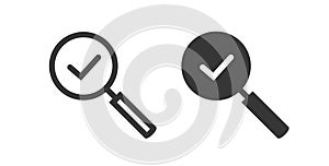 Check magnifier glass icon vector simple graphic pictogram, loupe research verify checkmark tick sign, investigation test valid