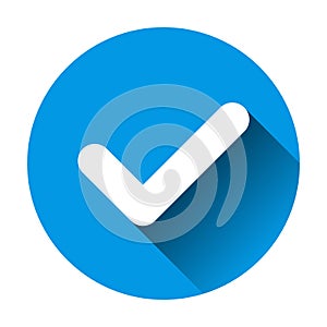 Check mark on blue background with long shadow icon vector for graphic design, logo, website, social media, mobile app, UI