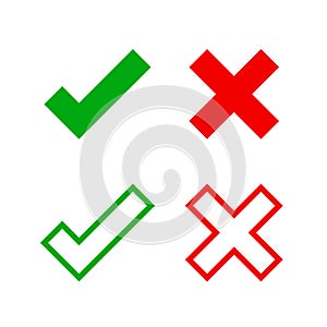Check mark and x for confirm and deny icon simple, red green checkmark isolated on white, check list button flat for apps and