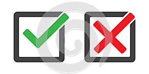 Check mark and cross in box vector isolated icons. Check mark icon set. Green and red yes and no signs. Green tick. Vote, voting