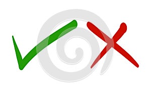 Check mark and cross mark icon set. Tick symbol in green and red color