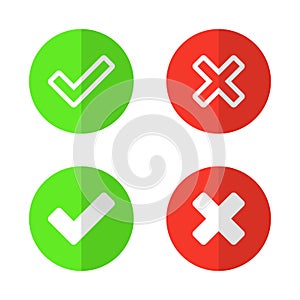 Check mark and x cross icon vector in circle. Approve and reject sign symbol