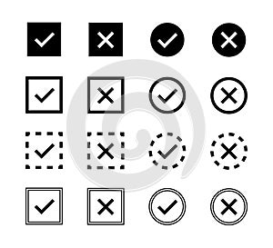 Check mark, cross icon. Vector isolated elements, icons, signs. Tick check mark black icons. Stock vector