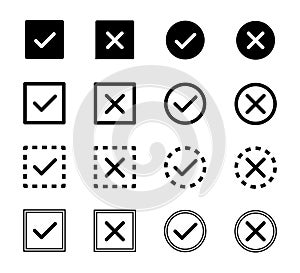 Check mark, cross icon. Vector isolated elements, icons, signs. Tick check mark black icons. Stock vector