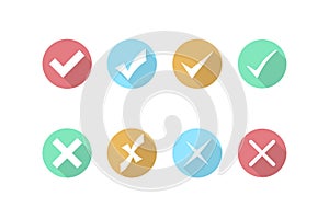 Check mark and cross icons. Icon in flat style. Checkmark yes or cross no. Vector