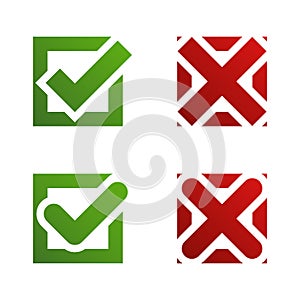 Check mark cross isolated elements. Green check mark and red cross in two variants. Stock vector