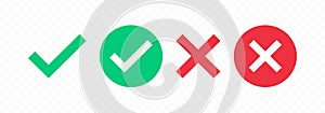 Check mark and cross mark icon set. Green checkmark and red crossmark symbols isolated on transparent background. Vector