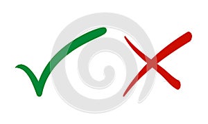 Check mark and cross mark icon set. Tick symbol in green and red color