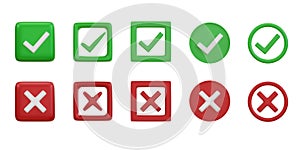 Check mark and cross mark symbols icon. Buttons with checkmark and cross. right checkmark symbol accepted and rejected. 3D