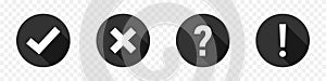 Check mark and cross with question and exclamation icon. Vector illustration. Signs collection in circle with shadow in flat