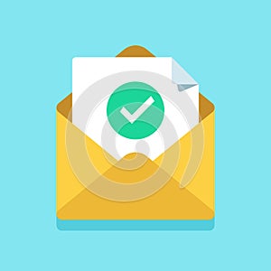 Check mark document in mail envelope. Approved tick marker, accepted or checked on letter. Confirmation email message photo