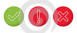 Check mark, exclamation and x cross mark line icon vector. Checkmark, warning, and x letter sign symbol on circle background