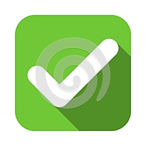 Check mark flat square green icon, button with a long shadow.