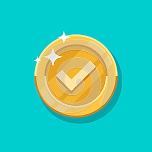 Check mark gold coin vector icon. Flat cartoon golden metal money isolated on blue background.