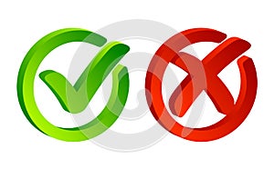 Check mark. Green tick symbol and red cross sign in circle. Icons for evaluation quiz. Vector.